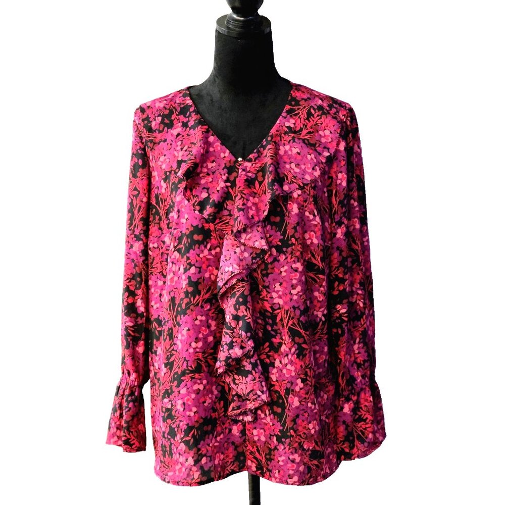 Roz & Ali Red/Magenta/Black Floral Long-sleeved Blouse-‎ Size LARGE